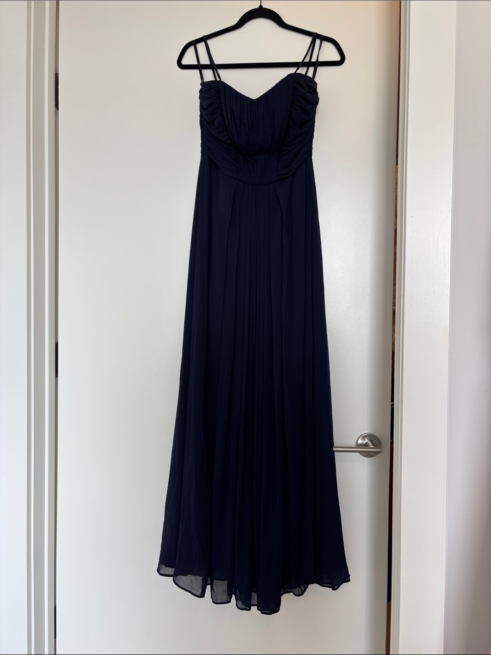 Strapless Navy Blue Gown with Ruched  Bodice